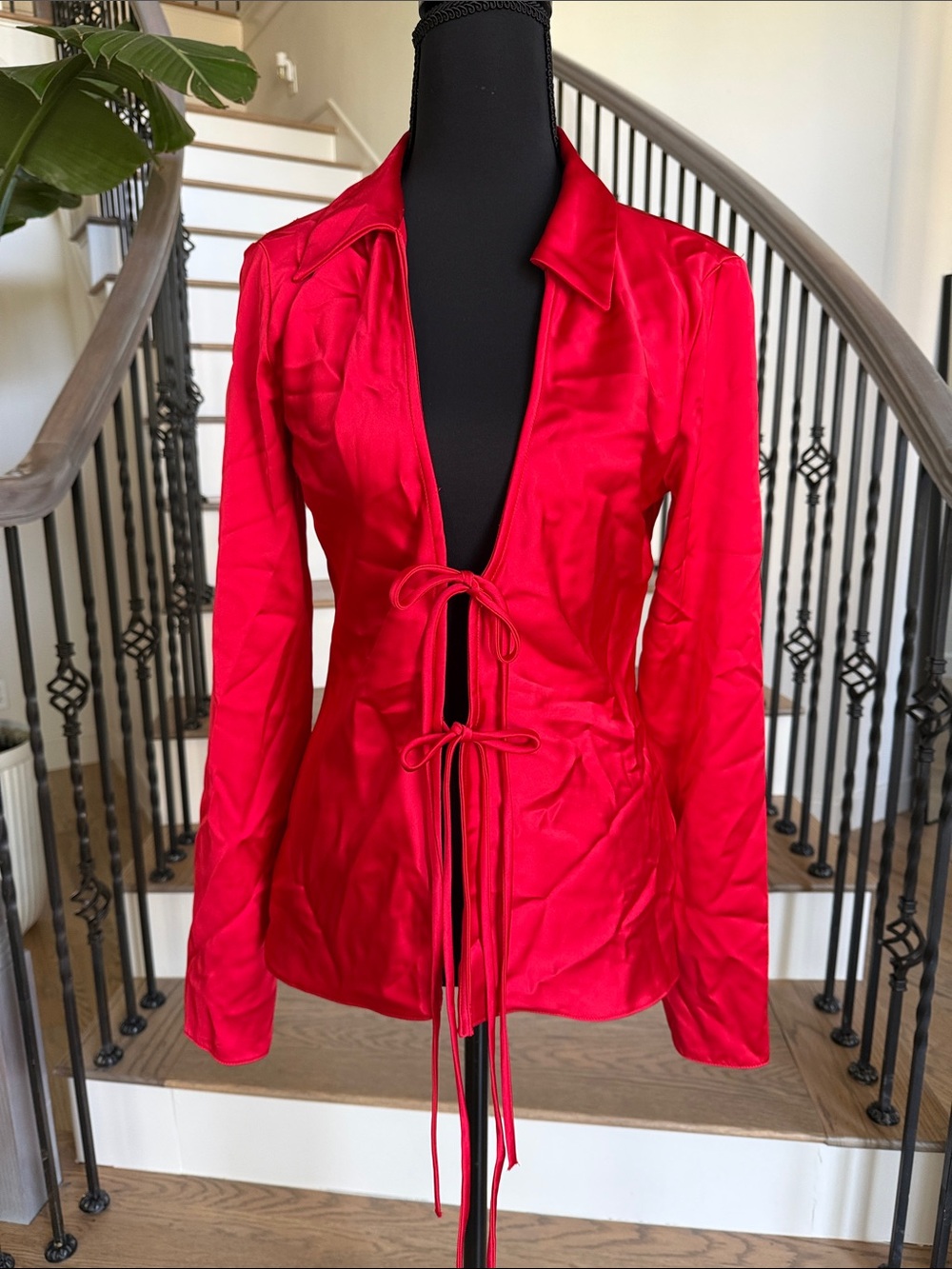 Zara Women's Red Satin Tie-Front Shirt
